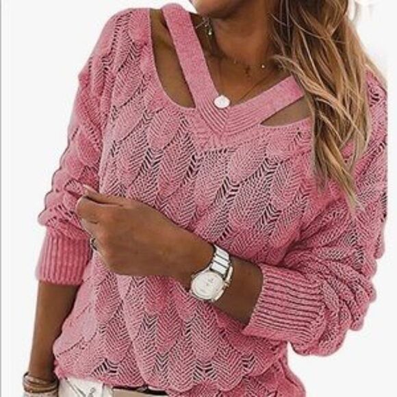 New Unique V Neck Hollow Out Knit Sweater - Picture 4 of 11